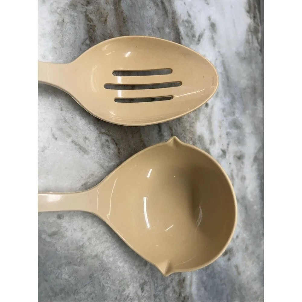 Vtg Ekco Almond Beige Ladle And Slotted Serving Cooking Spoon Utensil Tool USA